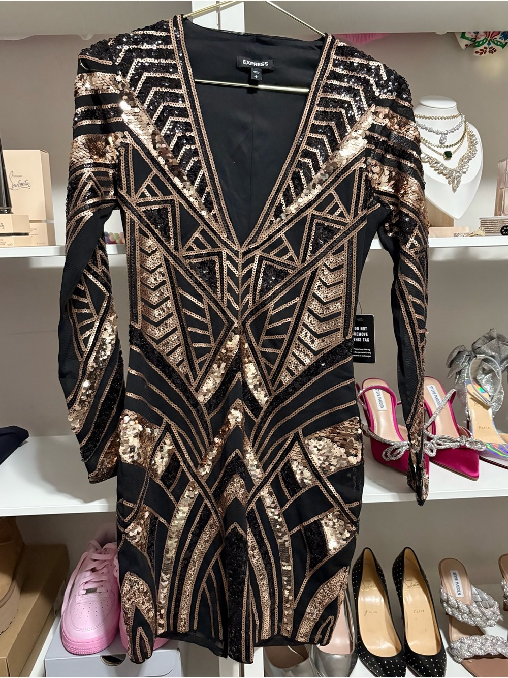 NWT Express Dress Rose Gold Sequins Geometric Detail Women’s Size Small